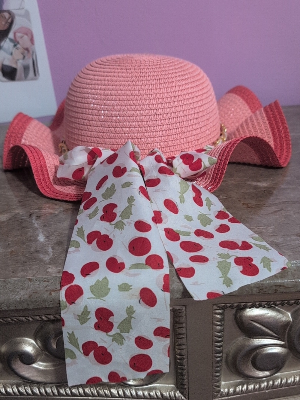 Girls' Pink Straw Sun Hat with Cherry-Print Bow